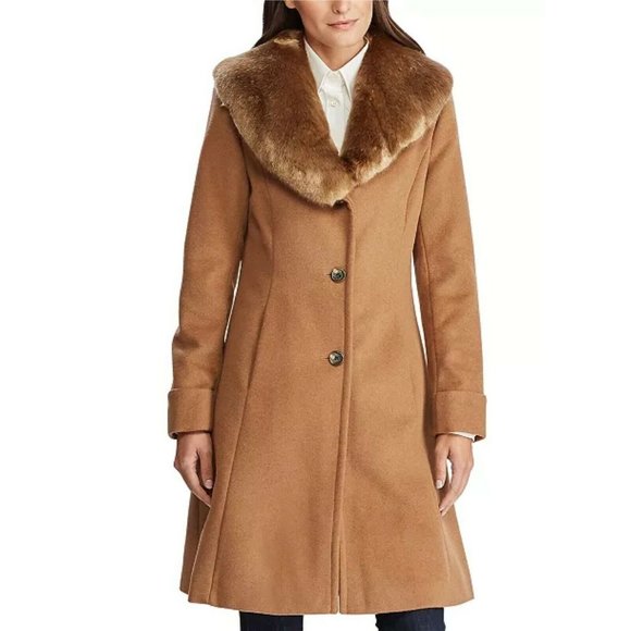 Ralph Lauren Womens Tan Faux Fur Collar Wool Walker Pea Coat Size 6